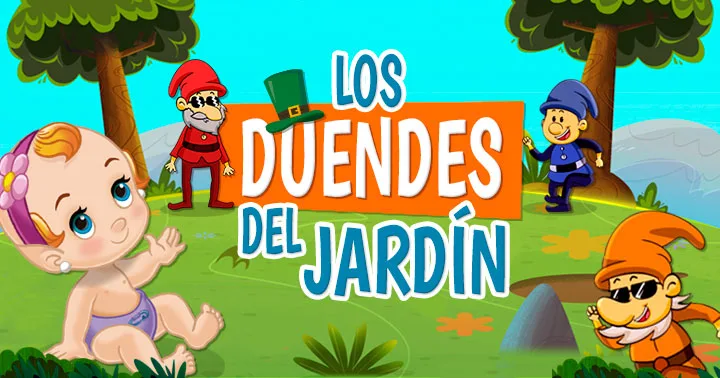 Ilustración con duendes y una bebé con árboles de fondo